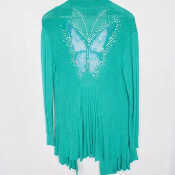 Y2K Rhinestone Butterfly Lace Turquoise Ribbed Cardigan - Picture 2 of 5
